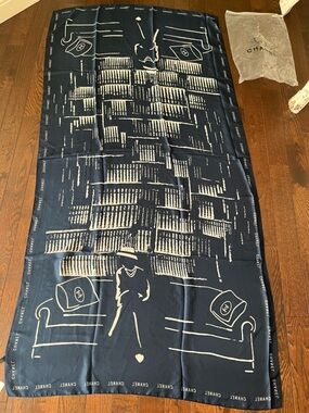 Navy Scarf with Cream Graphic Motif